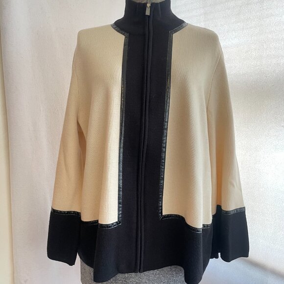 Dana Buchman merino wool zip-front cardigan w/faux leather trim - Picture 1 of 10